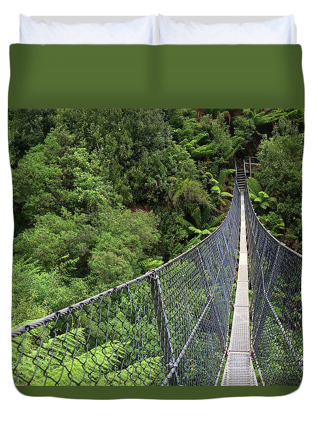 Built Structure Duvet Cover featuring the photograph Swing Bridge Over Rainforest by Steve Daggar Photography