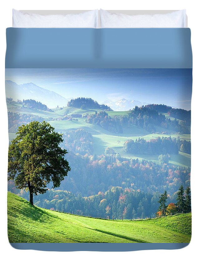 Scenics Duvet Cover featuring the photograph Switzerland, Bernese Oberland, Tree On by Travelpix Ltd