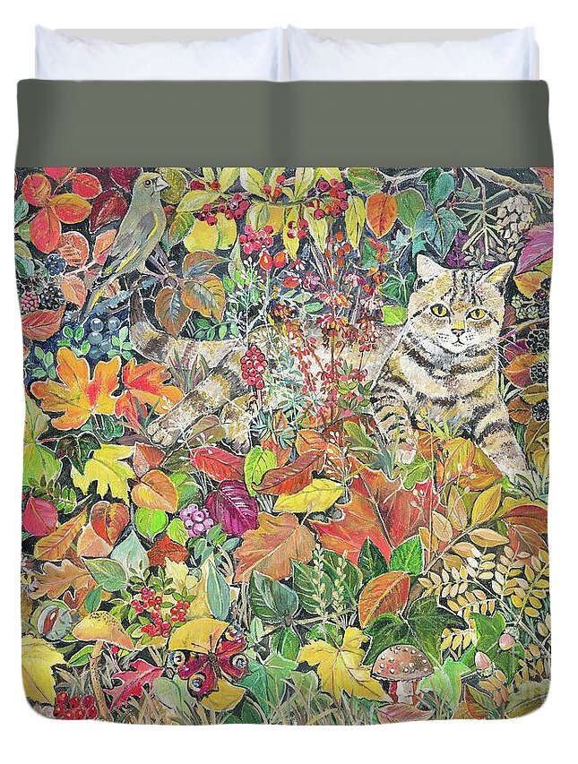 Contemporary Art Duvet Cover featuring the painting Tabby In Autumn, 1996 by Hilary Jones