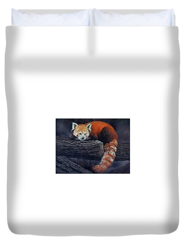 Red Panda Duvet Cover featuring the painting Takeo, the red panda by Linda Becker