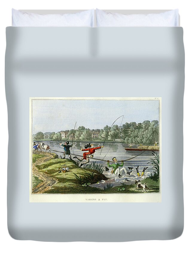 Fishing Duvet Cover featuring the mixed media Taking a Fly by unsigned attributed to Edward Barnard