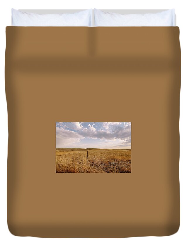 Tranquility Duvet Cover featuring the photograph Tall Brown Grass Field With Fence And by Lori Andrews