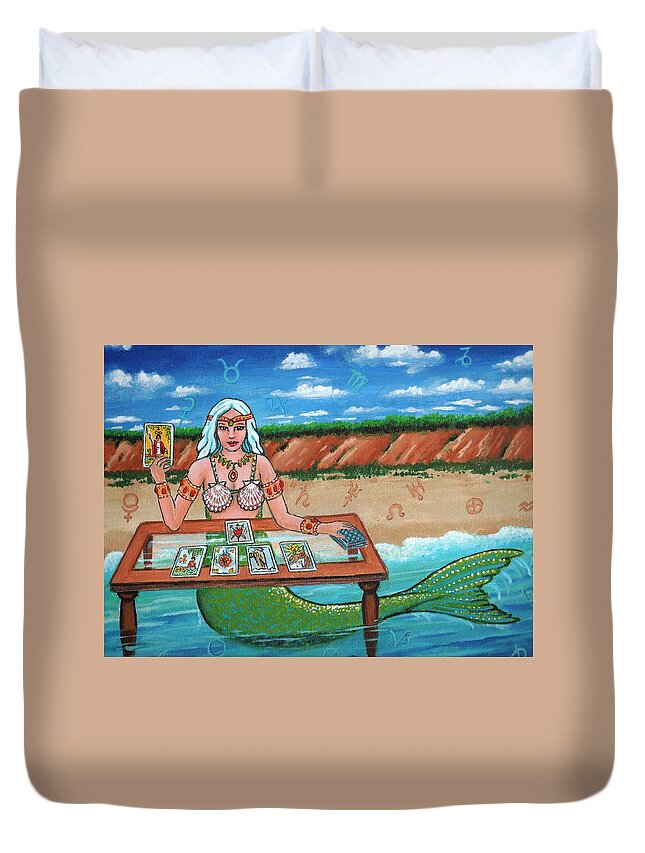 Mermaids Duvet Cover featuring the painting Tara Reads the Tarot on the Truro Beach. by James RODERICK