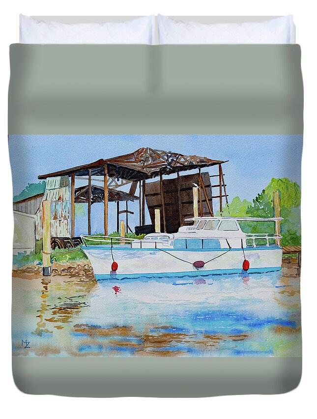 Boat Duvet Cover featuring the painting Tarpon Springs Boat Dock by Margaret Zabor