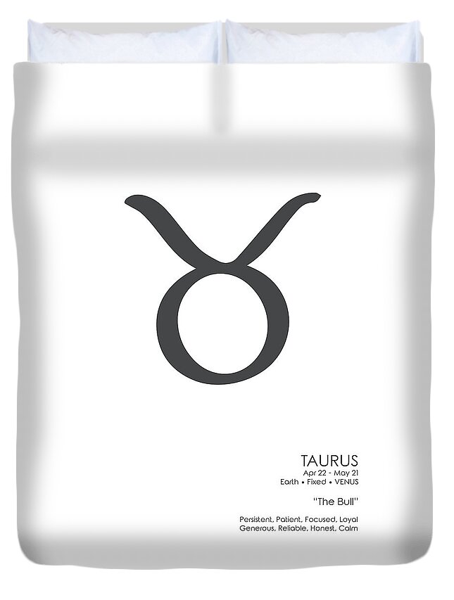 Taurus Duvet Cover featuring the mixed media Taurus Print - Zodiac Signs Print - Zodiac Posters - Taurus Poster - Black and White - Taurus Traits by Studio Grafiikka