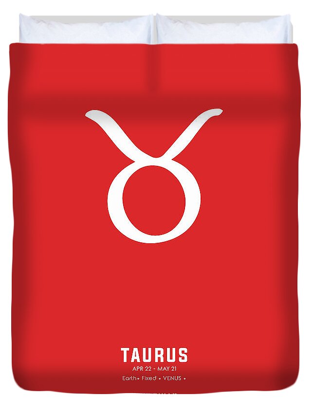 Taurus Duvet Cover featuring the mixed media Taurus Print - Zodiac Signs Print - Zodiac Posters - Taurus Poster - Red and White - Taurus Traits by Studio Grafiikka