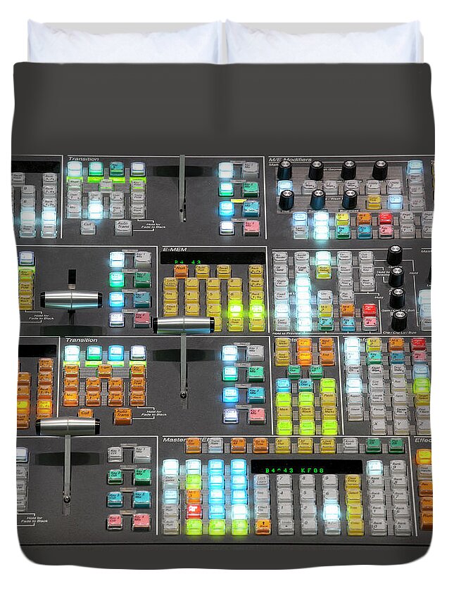 Keypad Duvet Cover featuring the photograph Television Broadcast Control Room by Greg Pease