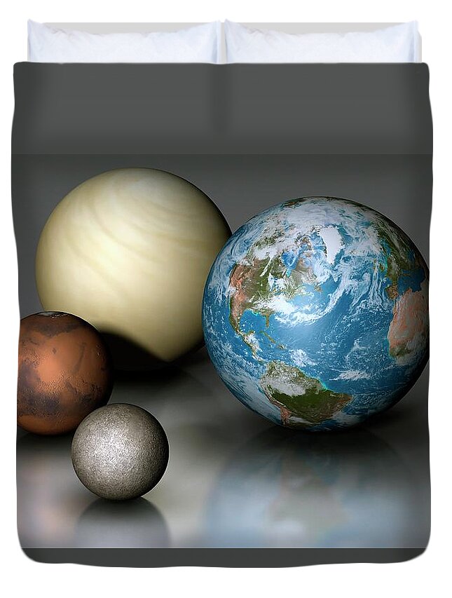 Scale Duvet Cover featuring the digital art Terrestrial Planets Compared by Mark Garlick