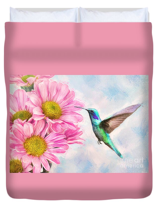 Hummingbird Duvet Cover featuring the painting Testing The Daisies by Tina LeCour