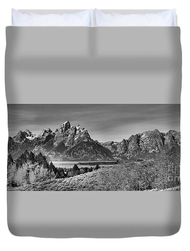 Grand Teton Duvet Cover featuring the photograph Teton Aspen Gold Panorama Black And White by Adam Jewell