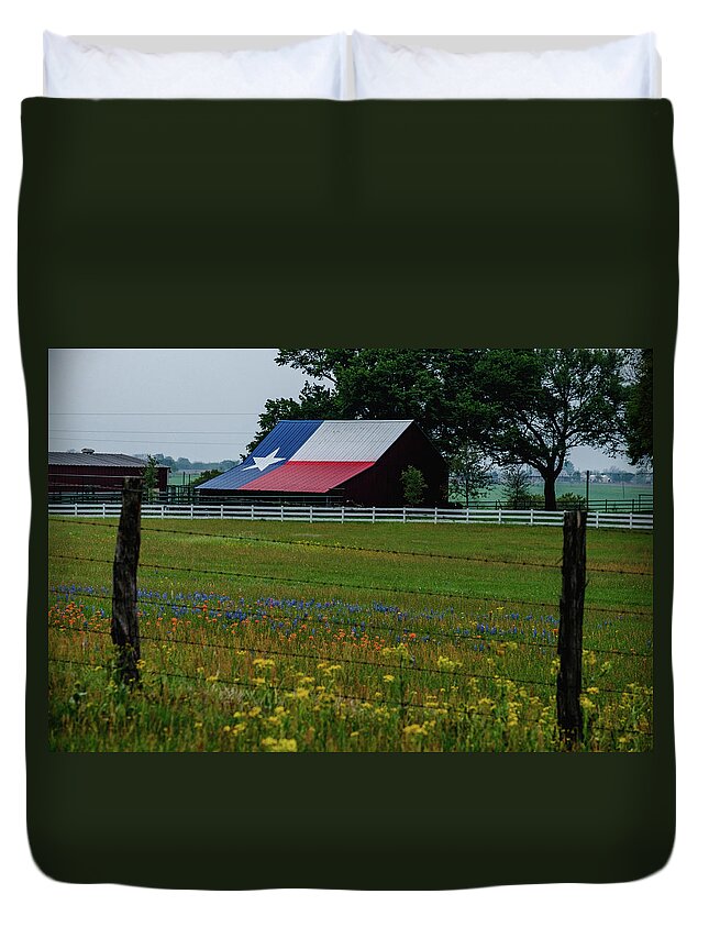 Texas Bluebonnets Duvet Cover featuring the photograph Texas Flag Barn II by Johnny Boyd