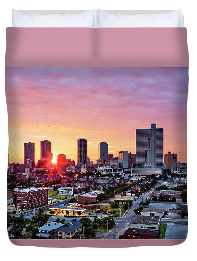 Downtown District Duvet Cover featuring the photograph Texas, Fort Worth Skyline At Sunrise by Jeremy Woodhouse