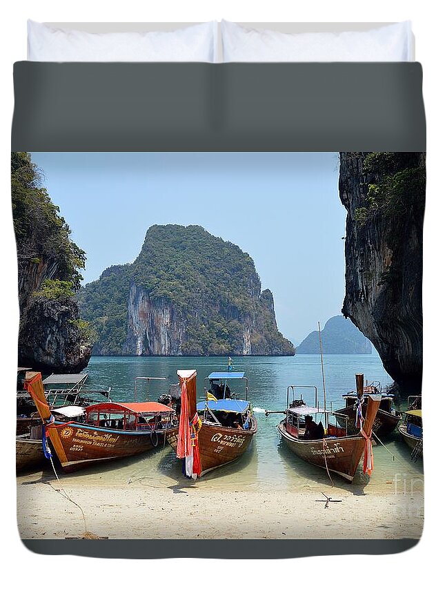 Islands Duvet Cover featuring the photograph THAI Longboats by Thomas Schroeder