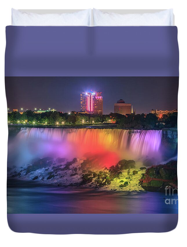 Majestic Duvet Cover featuring the photograph The American Falls at Niagara Falls at twilight. by Henk Meijer Photography
