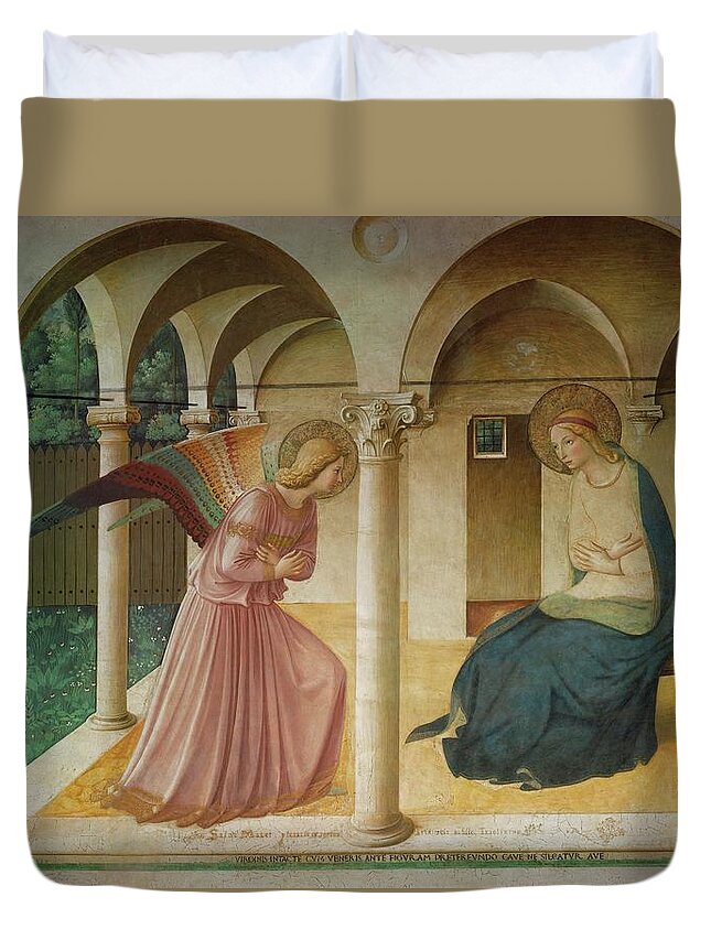 Archangel Gabriel Duvet Cover featuring the painting The Annunciation. Fresco in the former dormitory of the Dominican monastery San Marco, Florence. by Fra Angelico -c 1395-1455-