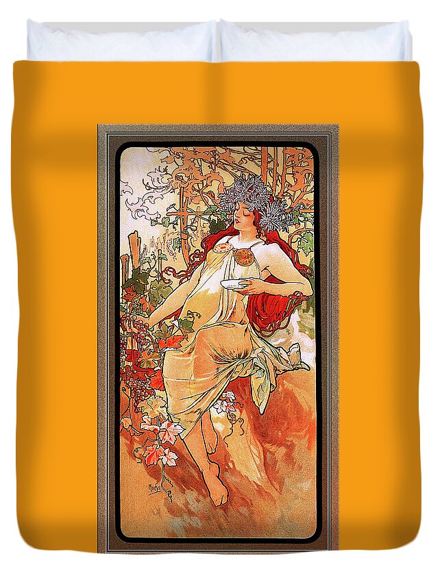 The Autumn Duvet Cover featuring the painting The Autumn by Alphonse Mucha by Rolando Burbon