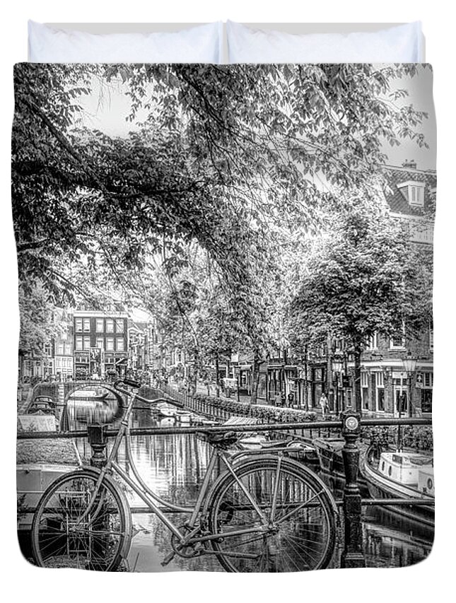 Boats Duvet Cover featuring the photograph The Black Bike in Amsterdam by Debra and Dave Vanderlaan