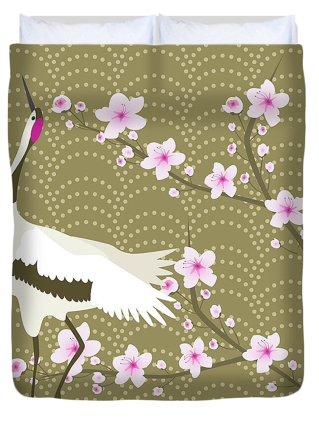 Blossoms Duvet Cover featuring the digital art The Cherry Blossom And The Crane by Claire Huntley