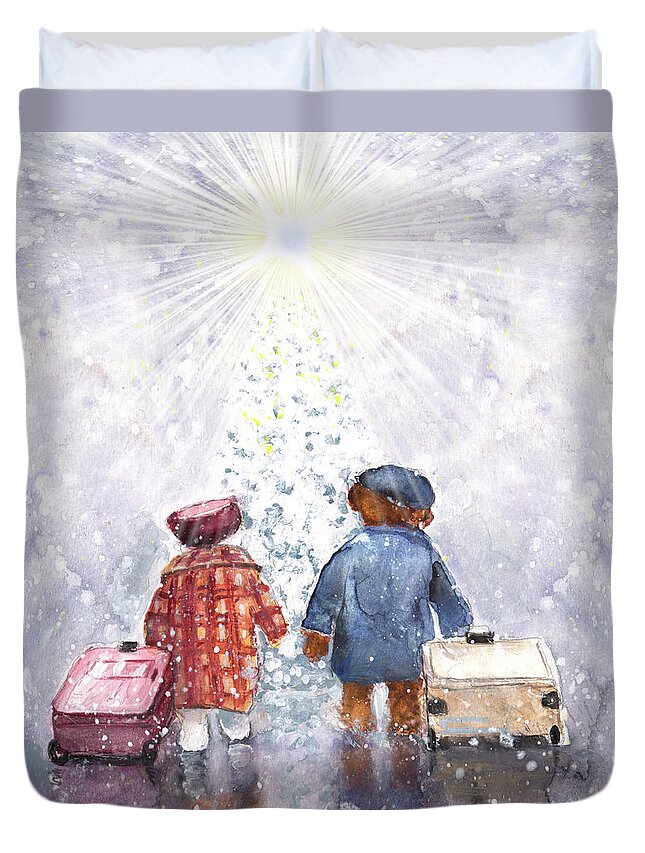 Truffle Mcfurry Duvet Cover featuring the painting The Christmas Heathrow Bears by Miki De Goodaboom