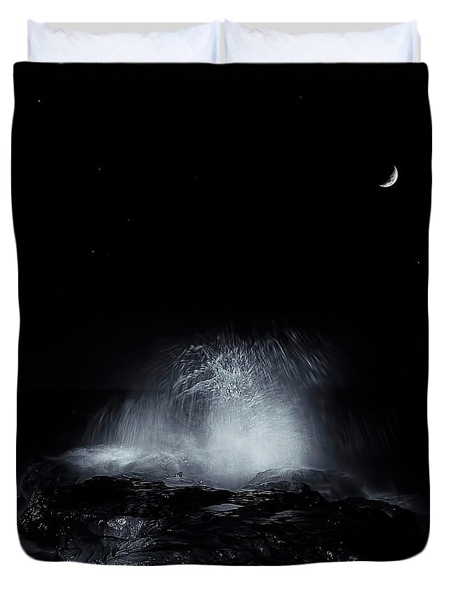 Tranquility Duvet Cover featuring the photograph The Crescent Moon And Waves Splashing by Stocktrek Images/luis Argerich