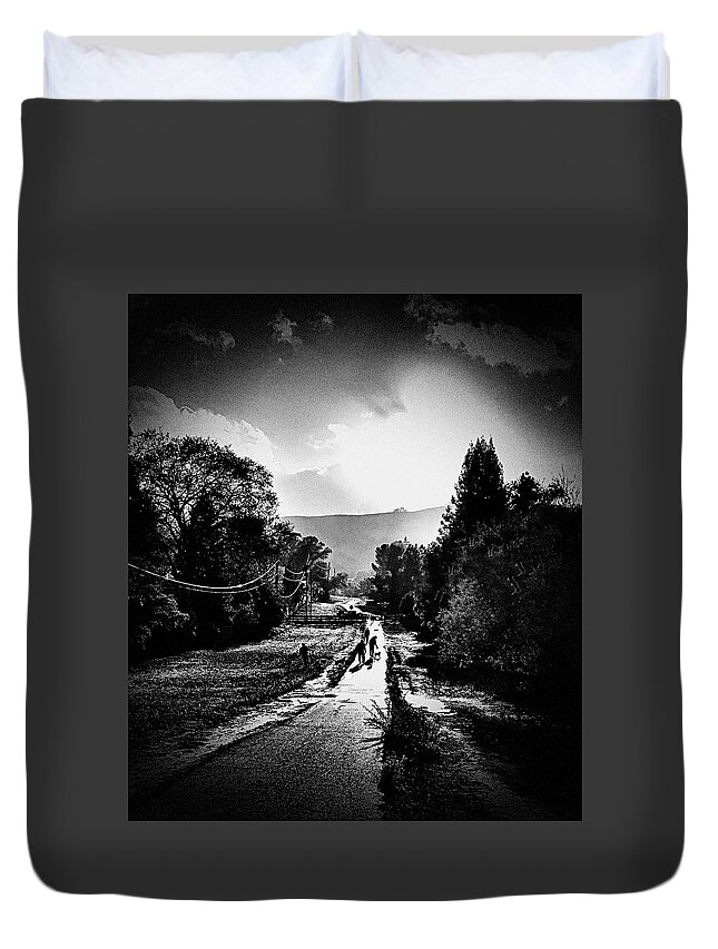 Black And White Duvet Cover featuring the photograph The Dog Walkers by Brad Hodges
