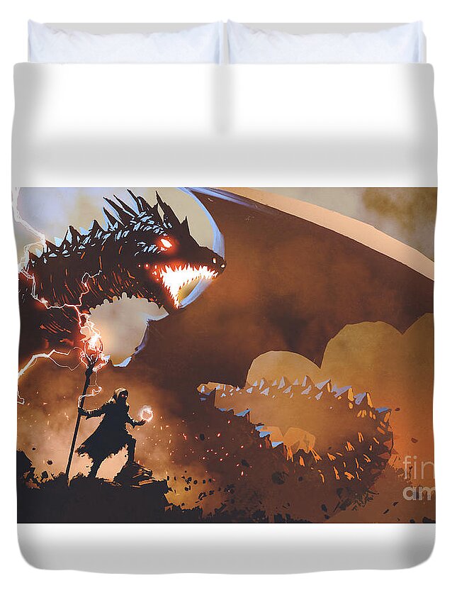 Illustration Duvet Cover featuring the painting The Dragon Wizard by Tithi Luadthong
