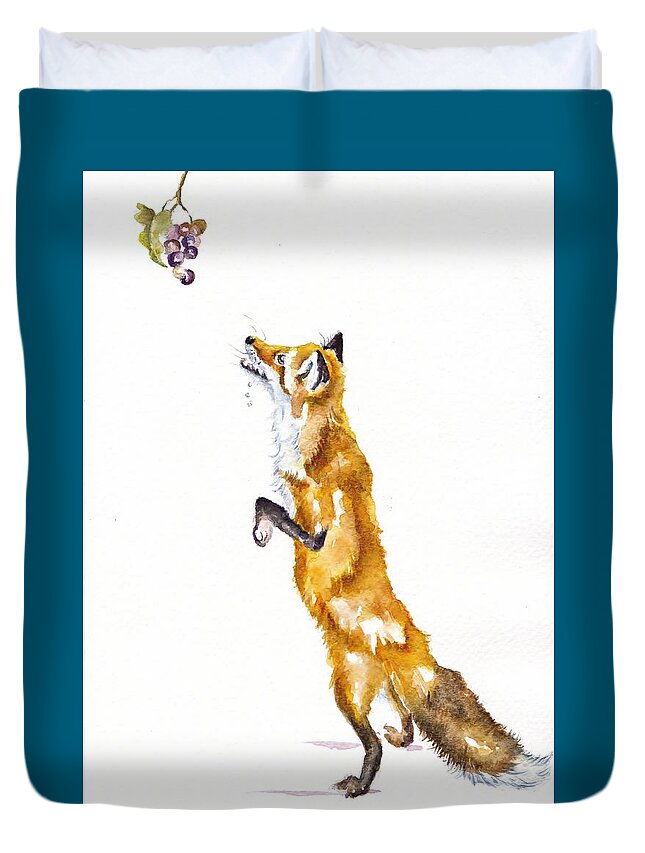 Aesop's Fables Duvet Cover featuring the painting The Fox and the Grapes by Debra Hall