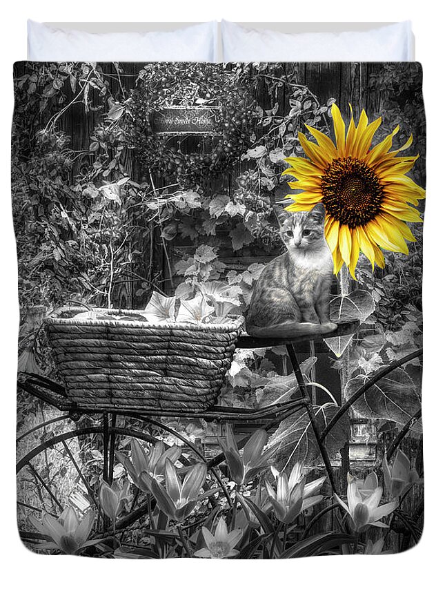 Barns Duvet Cover featuring the photograph The Garden Barn in Black and White with Yellow Sunflower by Debra and Dave Vanderlaan
