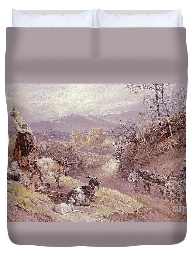 The Goat Herd Duvet Cover featuring the painting The Goat Herd, 19th century by Myles Birket Foster
