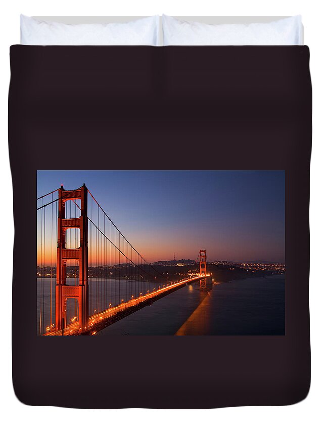 San Francisco Duvet Cover featuring the photograph The Golden Gate Bridge At Dawn by Worldofphotos