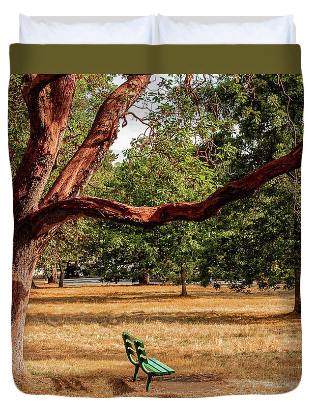 Landscapes Duvet Cover featuring the photograph The Green Bench by Claude Dalley