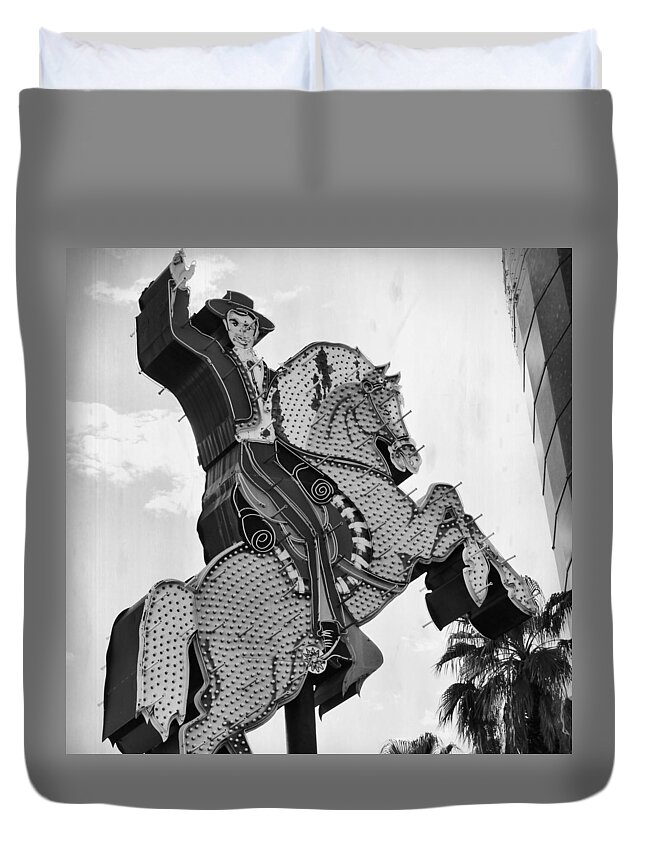 Cowboy Duvet Cover featuring the photograph The Hacienda Horse And Rider Neon Sign BW by Mary Pille