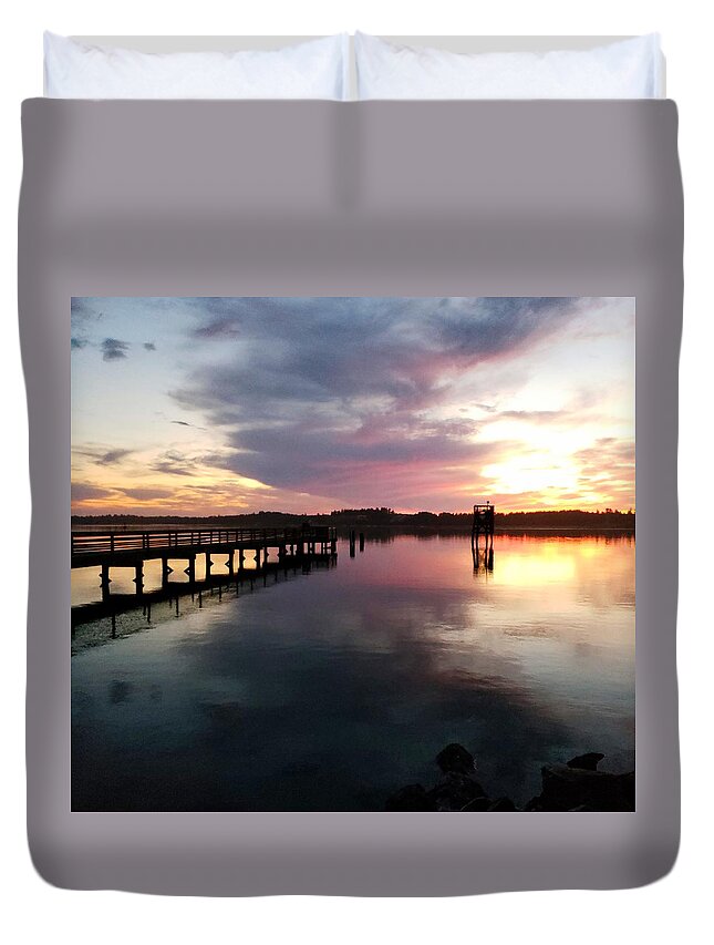 Coos Bay Duvet Cover featuring the photograph The Hollering Place Pier at Sunset by Suzy Piatt
