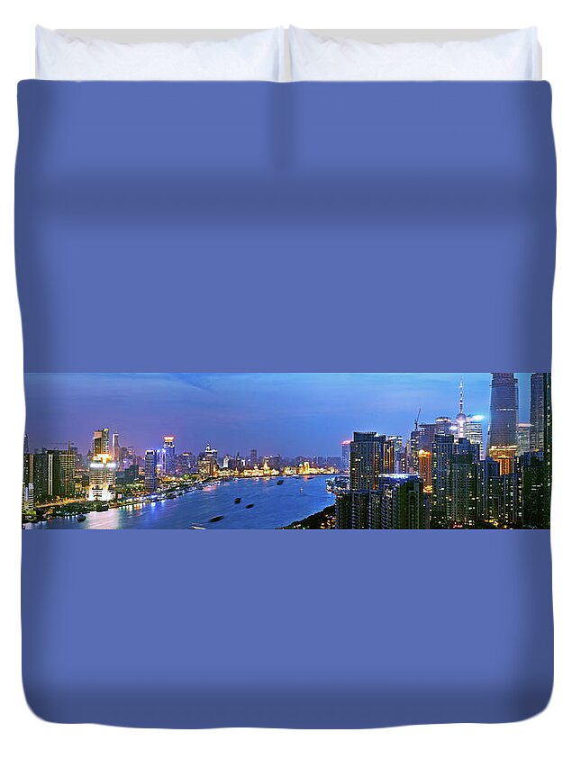 Panoramic Duvet Cover featuring the photograph The Huangpu River Panoramic View by Blackstation
