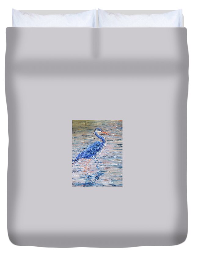 Blue Heron Duvet Cover featuring the painting The Hunter by Alice Faber