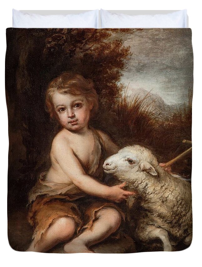 Bartolome Esteban Murillo Duvet Cover featuring the painting 'The Infant Saint John with the Lamb, c. 1655-1670. by Bartolome Esteban Murillo -1611-1682-
