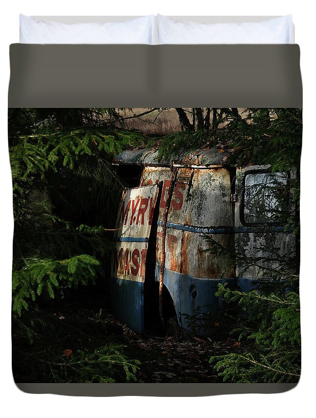 Sweden Duvet Cover featuring the pyrography The junk yard by Magnus Haellquist