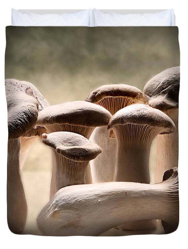 Mushrooms Duvet Cover featuring the photograph The King Trumpets by Maggie Terlecki