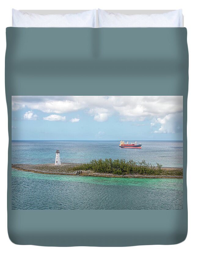 Lighthouse Duvet Cover featuring the photograph The Lighthouse and the Freighter by Kristia Adams
