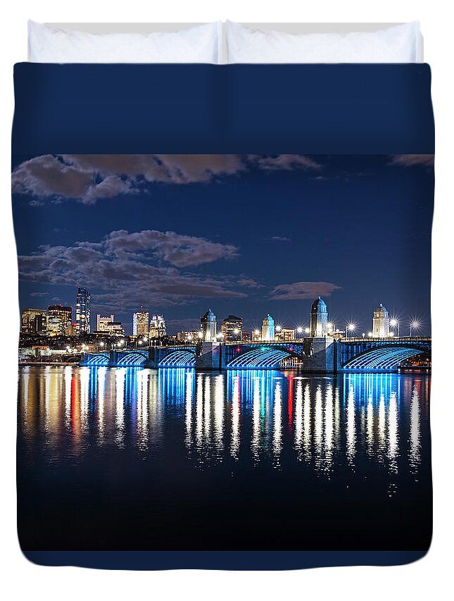 Boston Duvet Cover featuring the photograph The Longfellow Bridge Lit up at Night Boston MA Reflection by Toby McGuire