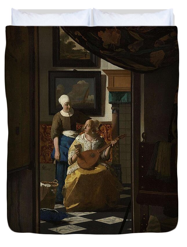 Canvas Duvet Cover featuring the painting The Love Letter. by Jan Vermeer -1632-1675-