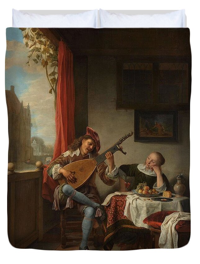 Hendrick Martensz. Sorgh Duvet Cover featuring the painting The Lutenist. Lute Player. by Hendrick Martensz Sorgh