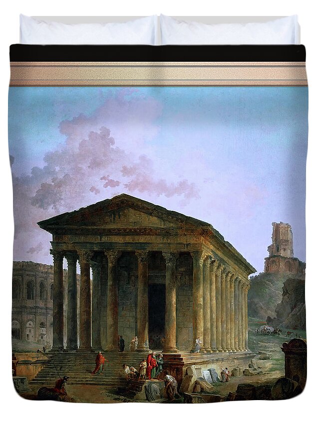 Maison Carée Duvet Cover featuring the digital art The Maison Caree the Arenas and the Magne Tower in Nimes by Hubert Robert by Rolando Burbon