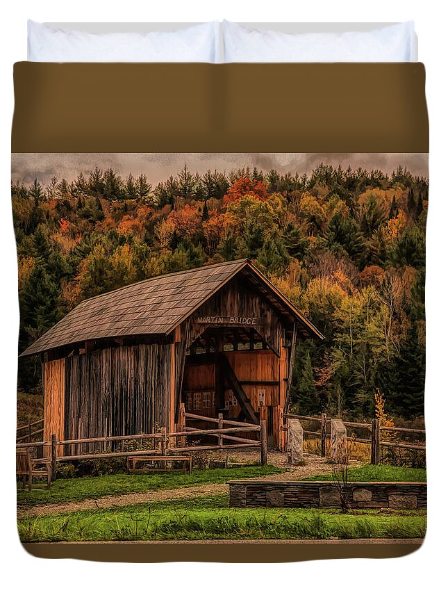 Autumn Foliage New England Duvet Cover featuring the photograph The Martin covered bridge in Marshfield VT. by Jeff Folger
