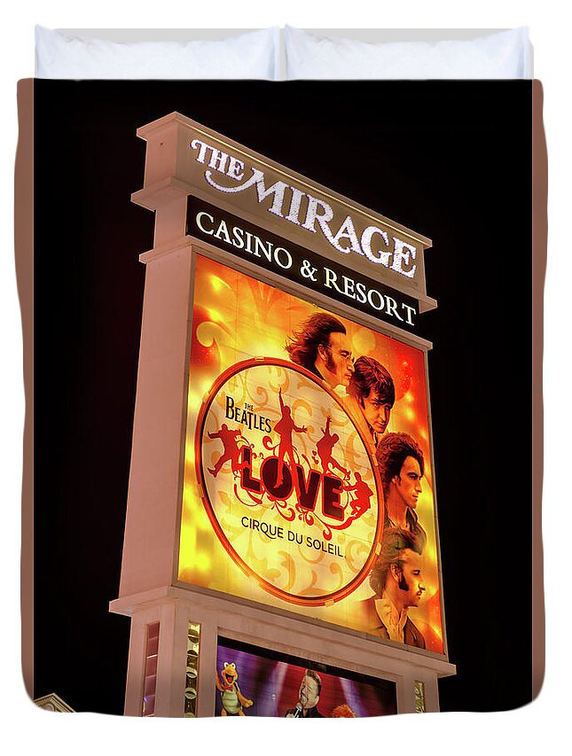 The Mirage Duvet Cover featuring the photograph The Mirage Sign at Night Old Beatles Version by Aloha Art