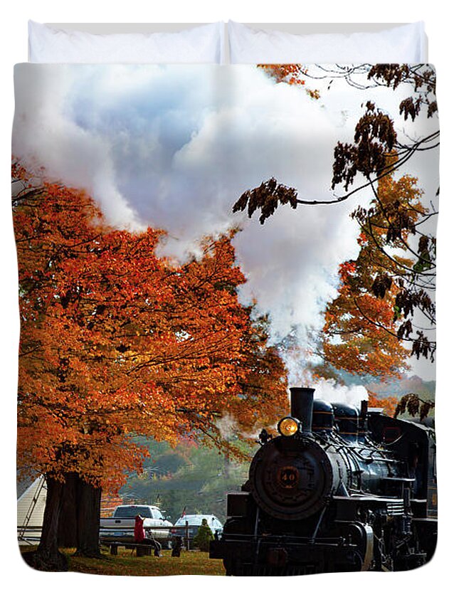 Essex Steam Train Duvet Cover featuring the photograph The Number 40 steam train in Essex CT by Jeff Folger