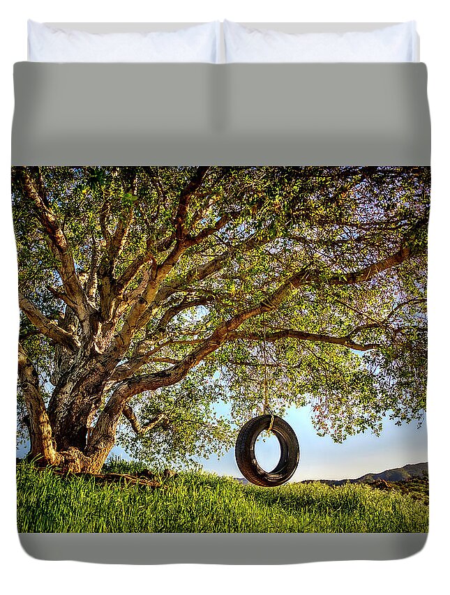 Oak Tree Duvet Cover featuring the photograph The Old Tire Swing by Endre Balogh