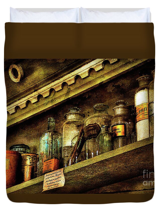 Glass Bottles Duvet Cover featuring the photograph The Olde Apothecary Shop by Lois Bryan