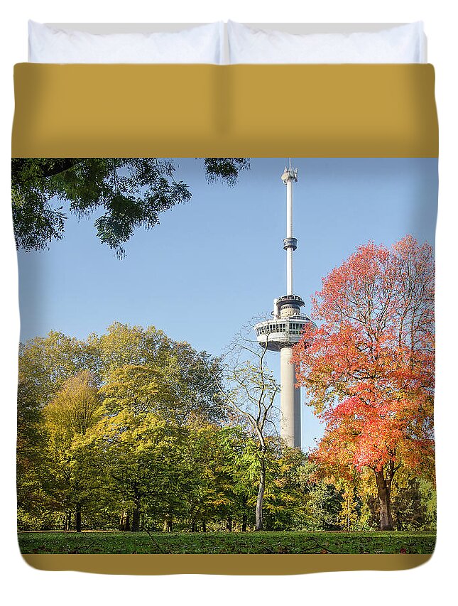Rotterdam Duvet Cover featuring the photograph The Park, The Euromast and the Sweet Gum Tree by Frans Blok