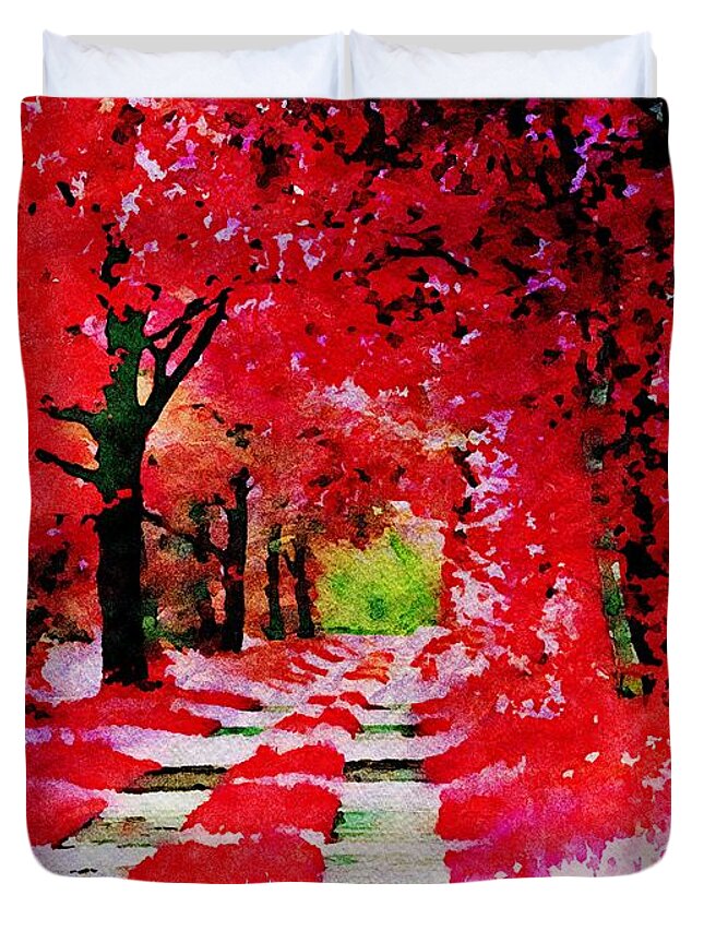Red Duvet Cover featuring the painting The red autumn forest - Watercolor by Patricia Piotrak